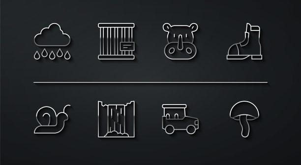 设置线云与雨，蜗牛，猎人靴子，狩猎车，瀑布，动物笼，蘑菇和犀牛图标。向量图片下载