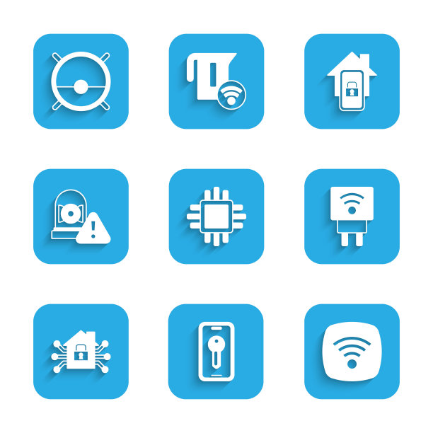 设置处理器与CPU，智能钥匙，Wi-Fi无线互联网网络，电源插头，家庭，铃声报警，移动智能和机器人吸尘器图标。向量图片下载