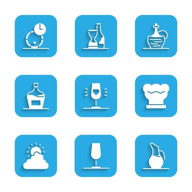 设置葡萄酒杯，酒器，厨师帽，太阳和云天气，旧瓶，意大利惨败和木桶图标。向量图片下载