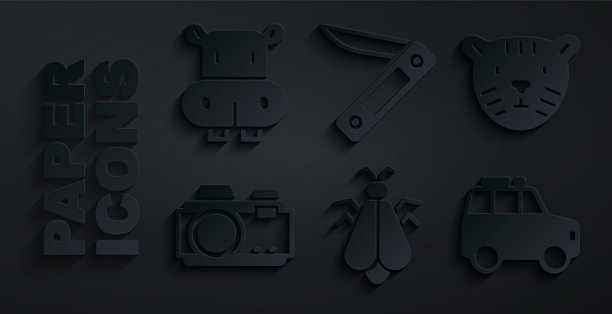 设置蚊子，虎头，相机，汽车，瑞士军刀和河马或河马的图标。向量图片下载