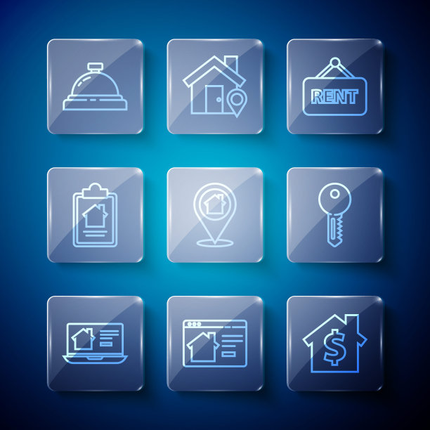 设置线在线房地产房子，房子与美元符号，悬挂标志租金，位置，合同，酒店服务铃声和关键图标。向量图片下载