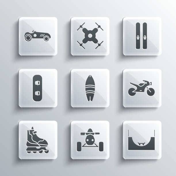 设置亚视摩托车，滑板公园，摩托车，冲浪板，轮滑，滑雪板，古董跑车和滑雪和棍棒图标。向量图片下载