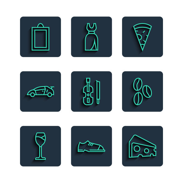 Set line葡萄酒玻璃，男人鞋，奶酪，披萨片，小提琴，运动赛车，图片和咖啡豆图标。向量图片下载
