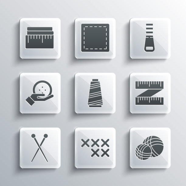 设置可调节的刺绣圈，纱线球，卷尺，缝纫线，针织针，按钮，和拉链图标。向量图片下载