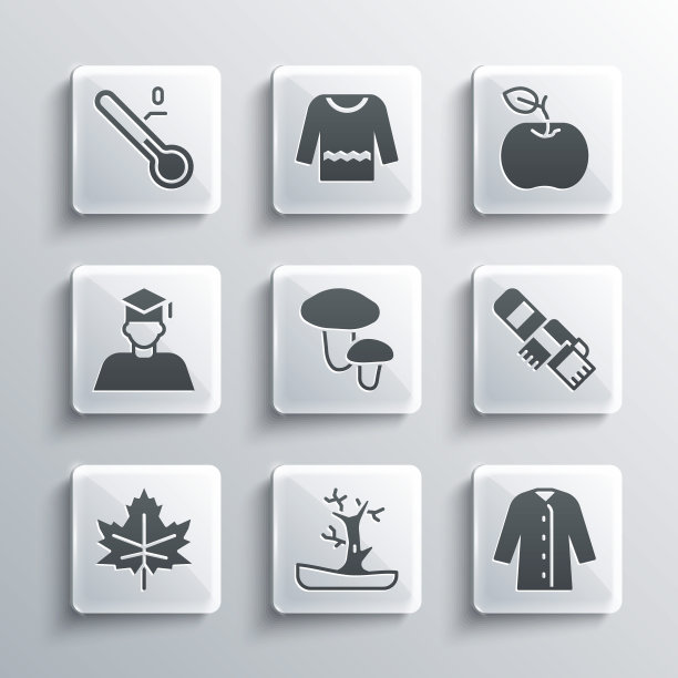 设置裸树，雨衣，冬季围巾，蘑菇，树叶或树叶，毕业生和毕业帽，气象温度计和苹果图标。向量图片下载