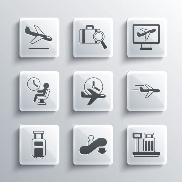 设置自动扶梯下降，规模与手提箱，飞机，飞行时间，手提箱，人等待在机场航站楼，着陆和图标。向量图片下载