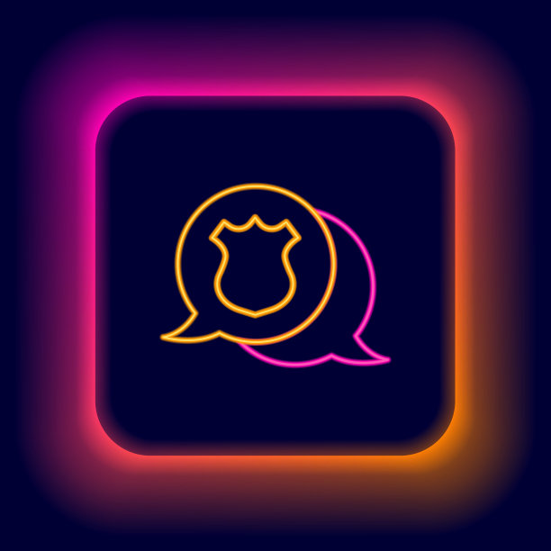 发光的霓虹灯线警察徽章图标孤立在黑色的背景。警长徽章标志。色彩斑斓的轮廓的概念。向量图片下载