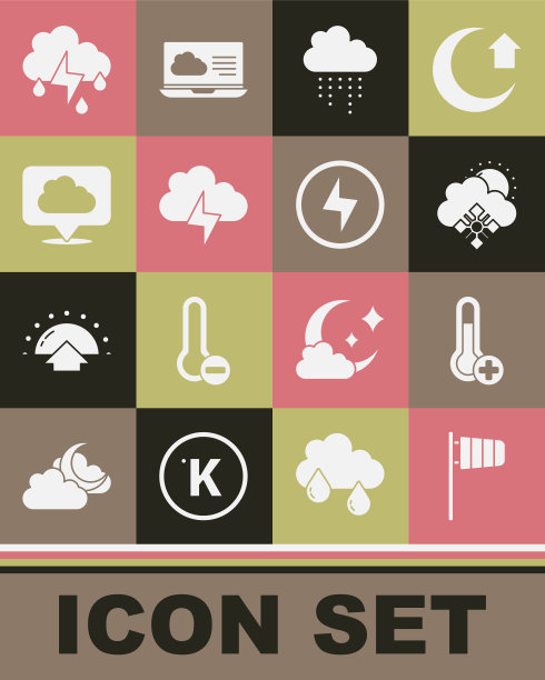 设置锥形风向袋风向标，气象温度计，云与雪和太阳，雨，风暴，位置云，闪电和闪电图标。向量图片下载