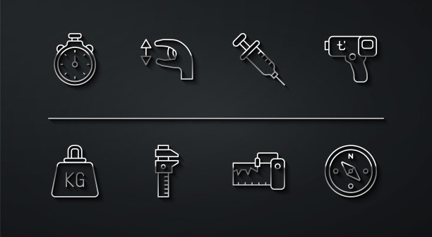 设置线秒表，重量，数字温度计，测量仪器，卡尺或卡尺和刻度，近似测量，指南针和注射器图标。向量图片下载