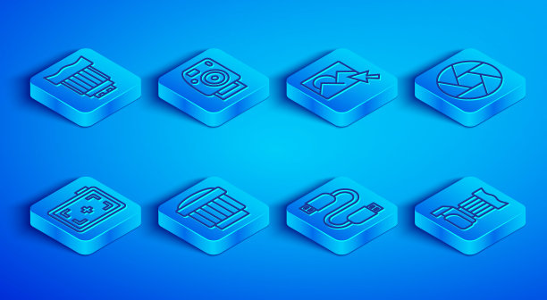 设置线相机照片镜头，照片相机，修饰，USB数据线，快门，图标。向量图片下载