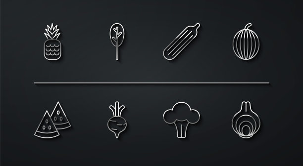 设置线菠萝，西瓜，西兰花，甜菜，菠菜，洋葱和新鲜黄瓜图标。向量图片下载