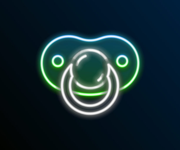 发光的霓虹灯线婴儿奶嘴图标孤立的黑色背景。儿童玩具色彩斑斓的轮廓的概念。向量图片下载