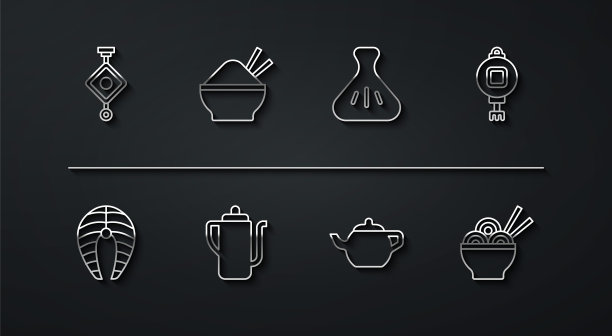 Set line中国纸灯笼，鱼排，仪式，筷子饭碗，亚洲面条和饺子图标。向量图片下载