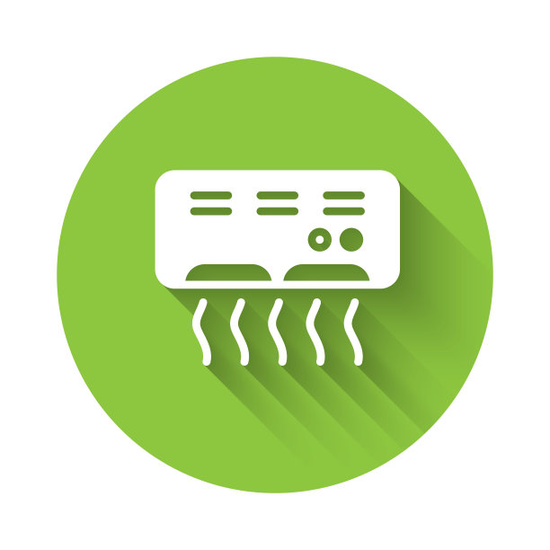 白色空调图标孤立与长影子。分体式空调系统。冷暖气候控制系统。绿色圆圈按钮。向量图片下载