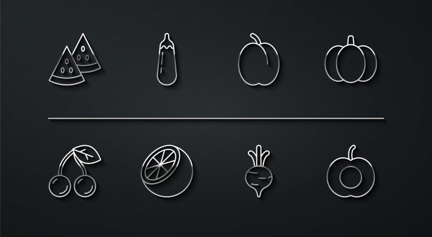 设置线西瓜，樱桃，南瓜，甜菜，橘子水果，茄子，桃子和李子的图标。向量图片下载