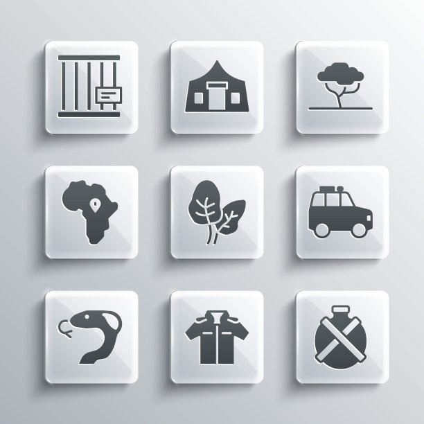 套装衬衫，水壶水壶，汽车，热带树叶，蛇，非洲地图，动物笼子和非洲树图标。向量图片下载