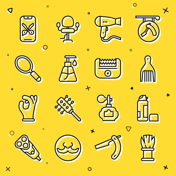 套装线剃须刷，泡沫胶，发夹，吹风机，霜化妆管，手镜，理发师在线服务平台和电子理发器图标。向量图片下载