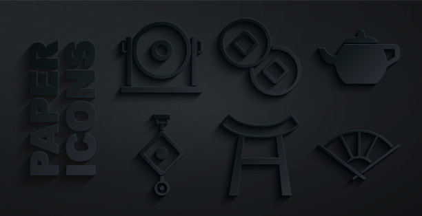 设置日本门，中国茶道，纸灯笼，或日本折扇，元货币和宫象。向量图片下载