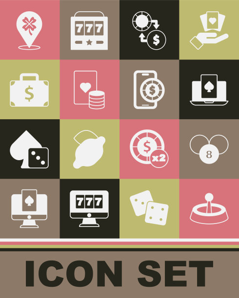 设置赌场轮盘赌轮，彩票球对宾戈卡，在线扑克桌游戏，筹码交换钱，和打牌，公文包，老虎机与三叶草和图标。向量图片下载