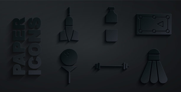 设置杠铃，台球桌，高尔夫球在tee，羽毛球毽子，瓶装水和镖箭头图标。向量图片下载