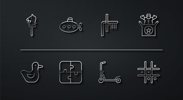 集线玩具马，橡皮鸭，杰克在盒玩具，滑板车，拼图，潜艇，嘀嘀脚趾游戏和篮球篮板图标。向量图片下载