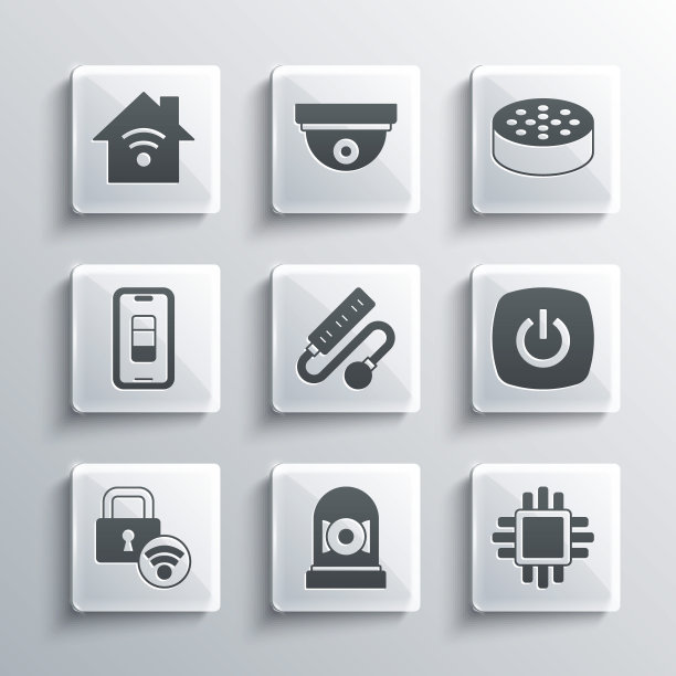 设置响铃，处理器与CPU，智能家居，电子延长线，数字门锁，智能手机电池充电，wi-fi和水传感器图标。向量图片下载