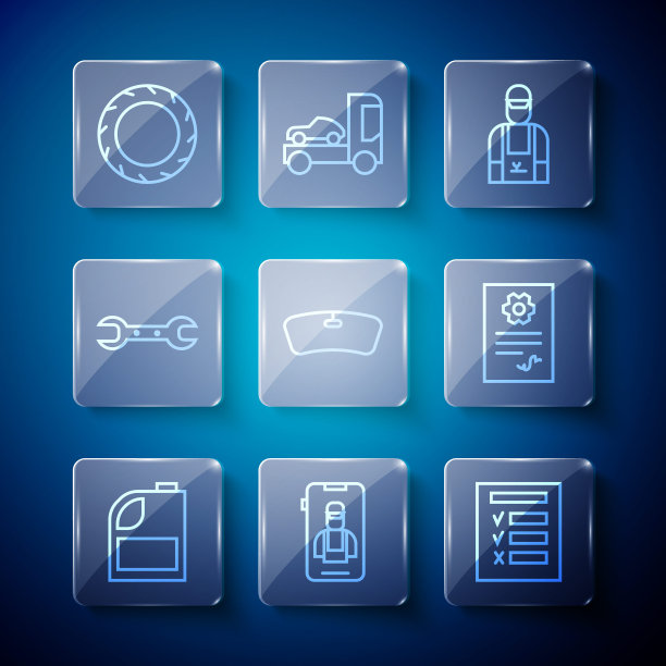 设置线筒为电机机油，在线汽车服务，汽车检查，机械师，挡风玻璃，扳手扳手，轮胎车轮和汽车图标自动检查。向量图片下载