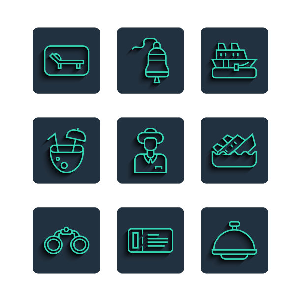 设置线望远镜，邮轮门票，覆盖托盘，船，游客，椰子鸡尾酒，太阳床和伞和沉没邮轮图标。向量图片下载