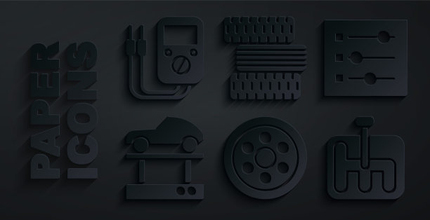 设置合金车轮，汽车设置，维修汽车升降机，变速杆，轮胎和万用表图标。向量图片下载