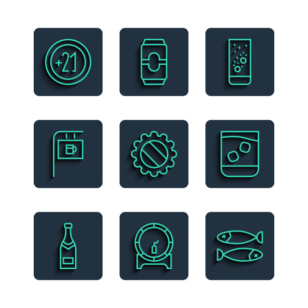 设置线香槟瓶，木桶机架，干鱼，水泡片在水，瓶盖，街道招牌与酒吧，酒精21加和威士忌的玻璃图标。向量图片下载