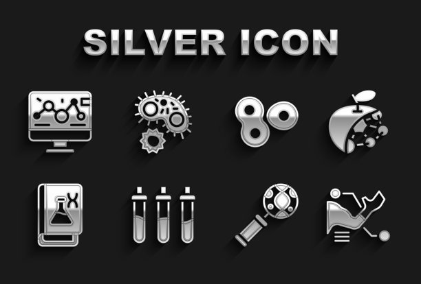 集试剂瓶，生物结构，假手，DNA研究，搜索，基因工程书籍，细胞分裂，修饰和病毒图标。向量图片下载