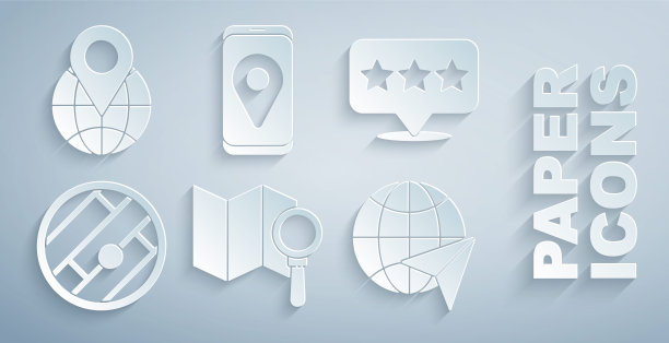 设置搜索位置，星形地图指针，折叠地图，全球飞行飞机，城市导航和定位全球图标。向量图片下载