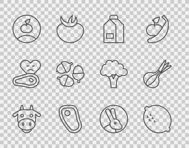 设置线牛头，柠檬，纸包牛奶，牛排，苹果，橡子，兔子和洋葱图标。向量图片下载