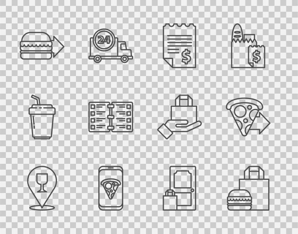 设置线酒精或啤酒酒吧的位置，在线订购汉堡送货，纸质财务检查，食品披萨，餐馆咖啡馆菜单，和和图标。向量图片下载