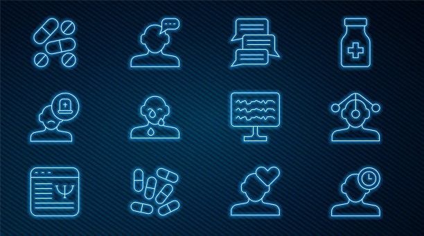 失眠，催眠，在线心理咨询，哭泣的眼睛，男医生，药丸，脑电图和图标矢量素材图片下载