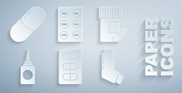 将药片放在吸塑包装，药瓶和药丸，瓶鼻喷雾器，吸入器和或药片图标。向量图片下载