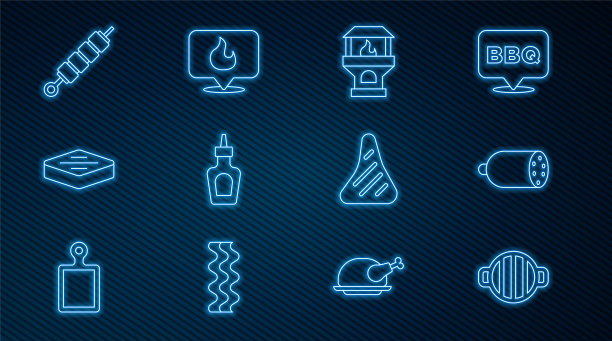 设置线烧烤烤架，腊肠香肠，砖炉，酱瓶，牛排肉，烤shish烤肉串，和位置与火火焰图标。向量图片下载
