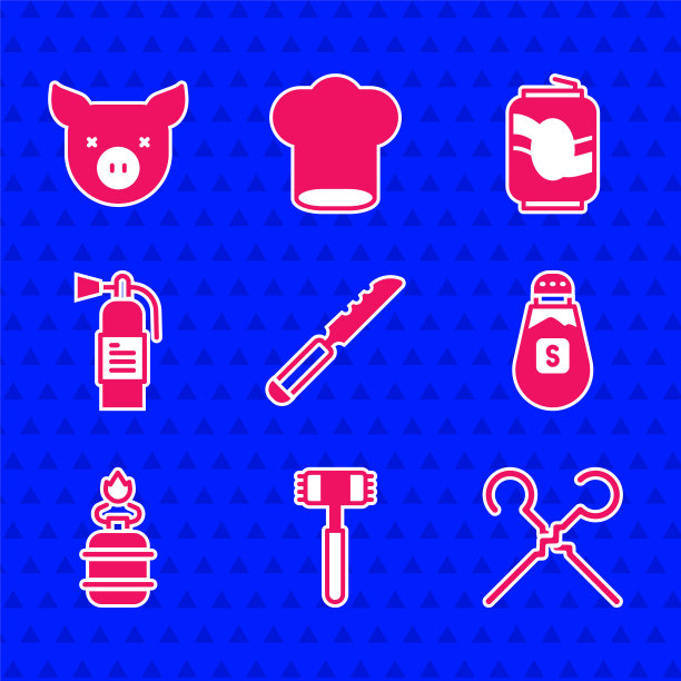 设置面包刀，厨房锤子，烧烤串，盐，野营煤气炉，灭火器，汽水罐和猪的图标。向量图片下载
