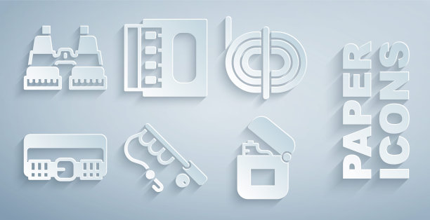 设置鱼竿，攀爬绳，狩猎子弹带，打火机，火柴盒和火柴和双筒望远镜图标。向量图片下载