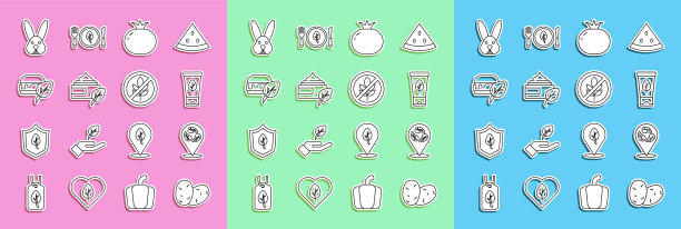 集线土豆，素食饮食，有机化妆品，西红柿，动物残酷自由和谷蛋白谷物图标。向量图片下载