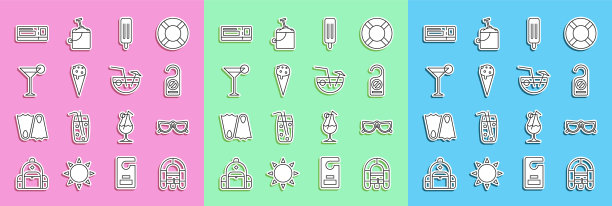 Set line漂流船，玻璃杯，请勿打扰，冰淇淋，华夫蛋筒，马提尼杯，旅游票和椰子鸡尾酒图标。向量图片下载
