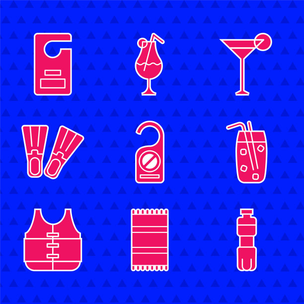 设置请勿打扰，沙滩巾，瓶装水，鸡尾酒和酒精饮料，救生衣，橡胶鳍，马提尼玻璃和图标。向量图片下载