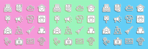 设置线人道主义援助，垃圾桶，爪印，船舶，扩音器，位置与心，志愿者中心和衣服捐赠图标。向量图片下载