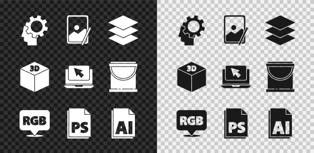 设置人的头部内齿轮，图形板，图层，语音气泡RGB和CMYK, PS文件文档，AI文件，等角立方体和笔记本电脑光标图标。向量图片下载