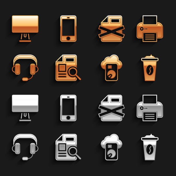 设置文档与图表，打印机，咖啡杯去，云数据库，耳机，删除文件文档，电脑显示器和移动图标。向量图片下载