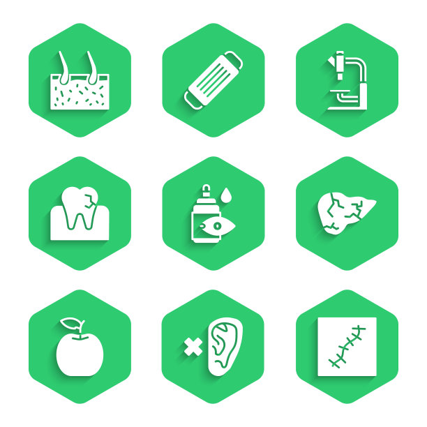 设置滴眼瓶，耳聋，疤痕缝合，肝炎病毒，苹果，龋齿，显微镜和毛发覆盖皮肤图标。向量图片下载