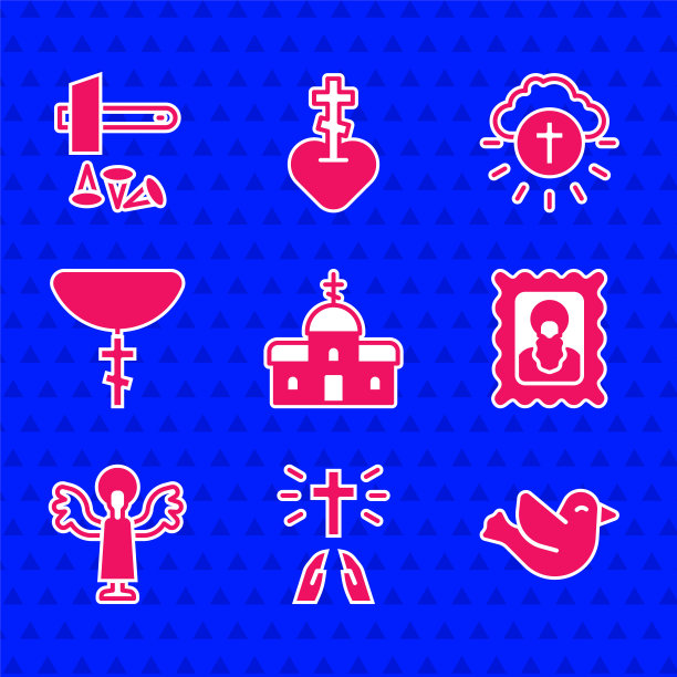 设置教堂建筑，双手祈祷位置，鸽子，基督教图标，天使，十字架链，宗教圈和耶稣受难的图标。向量图片下载