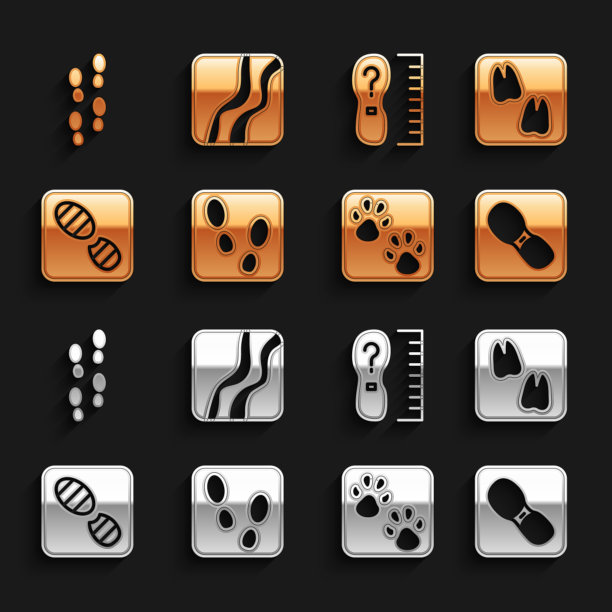 设置人类脚印鞋，骆驼爪，脚掌，方尺大小，和蛇的图标。向量图片下载