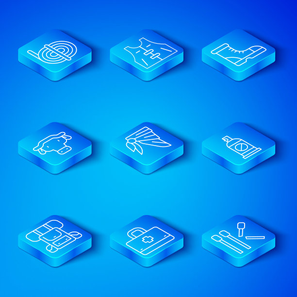 设置线徒步背包，大手帕或摩托车围巾，急救箱，防昆虫喷雾，猎人靴，非洲水牛头，攀爬绳和火柴图标。向量图片下载