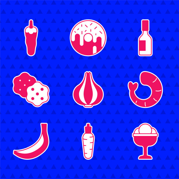 把大蒜，胡萝卜，冰淇淋，虾，香蕉，饼干，塔巴斯科酱和辣椒图标。向量图片下载